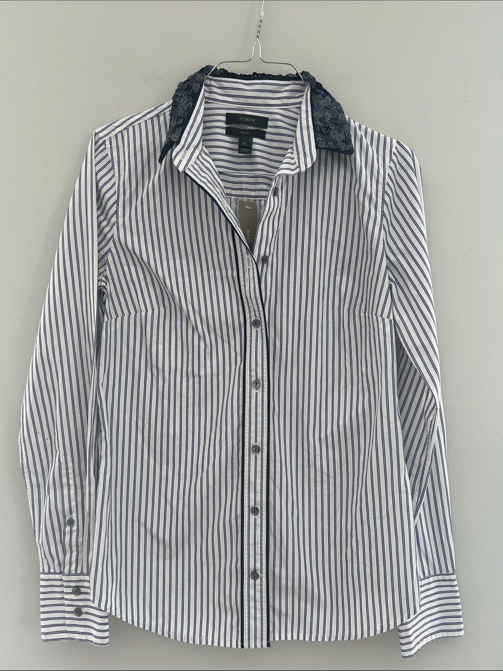 J. Crew Striped White and Navy Button-Up Shirt with Navy Sequined Collar
